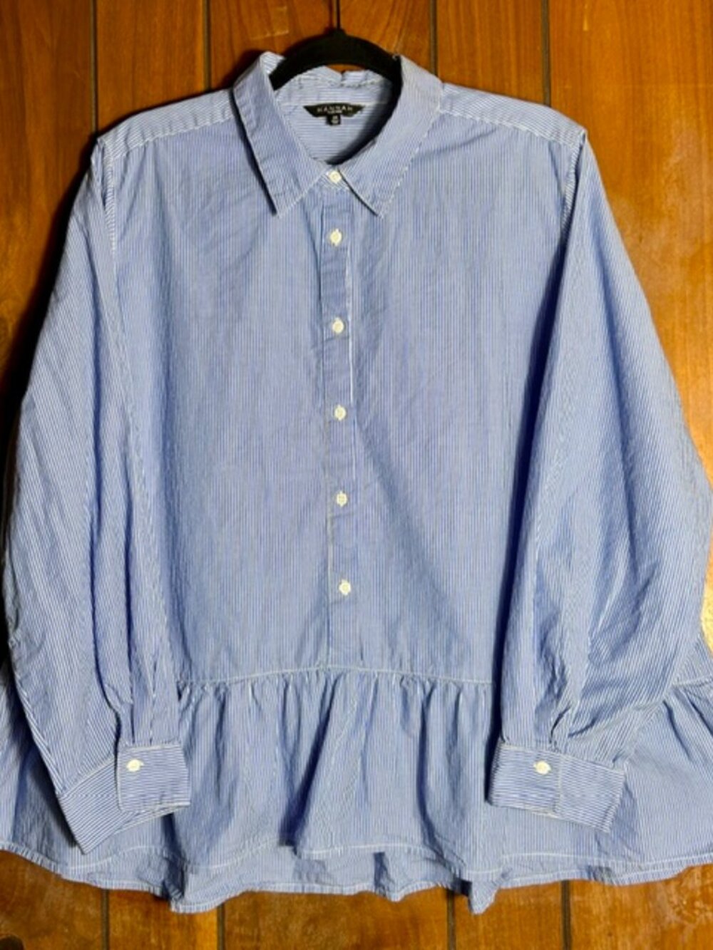 Hannah Peplum Shirt Womens Sz 2X Blue White Striped Button Down Long Sleeve